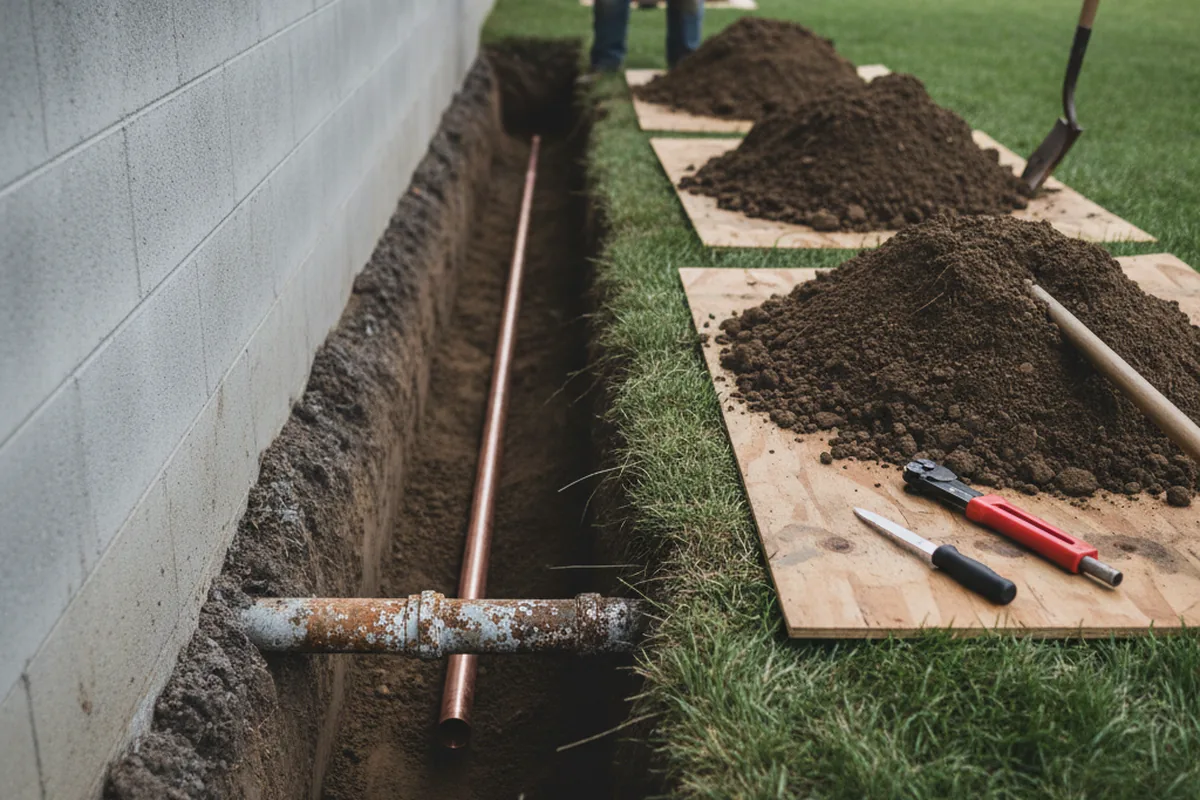 Excavated water line trench during Water Softener Installation in Midway Park